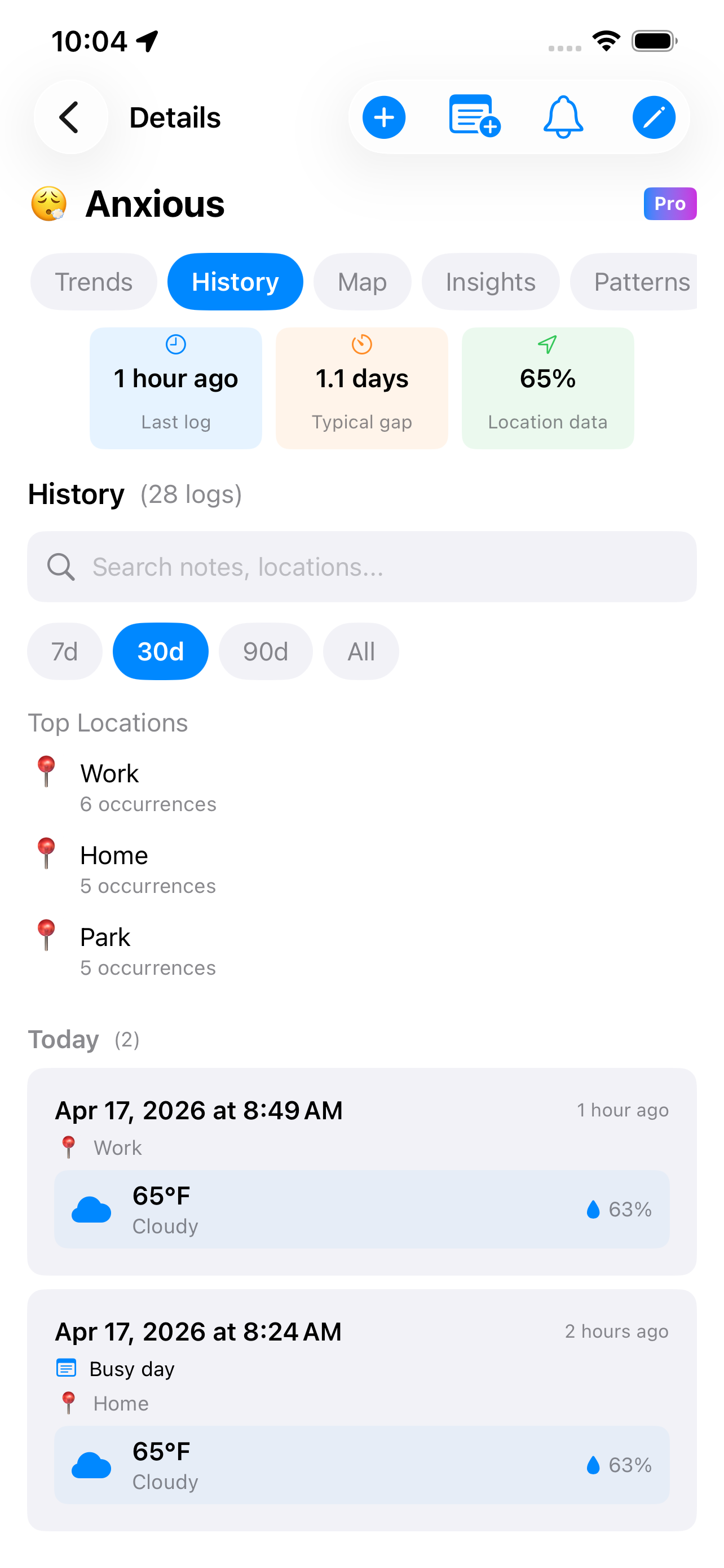 History view with top locations and recent log entries